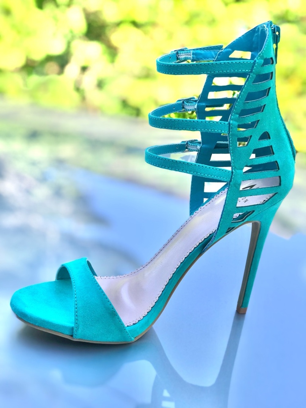 MADISON Teal Cage 3 Buckle Faux Suede Stiletto Open Toe Heels Size 9 - Picture 5 of 16